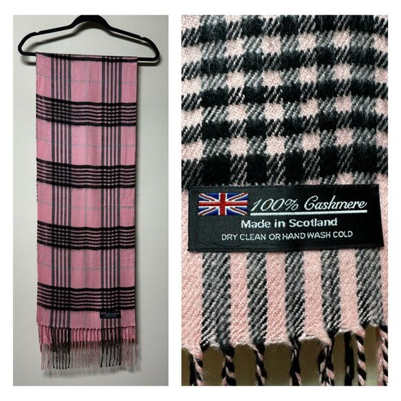 MADE IN SCOTLAND 100% Cashmere Plaid Scarf, Pink/Black/Blue - Picture 1 of 5